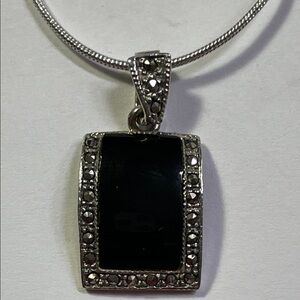 Black Onyx and Marcasite Sterling Silver Pendant Necklace